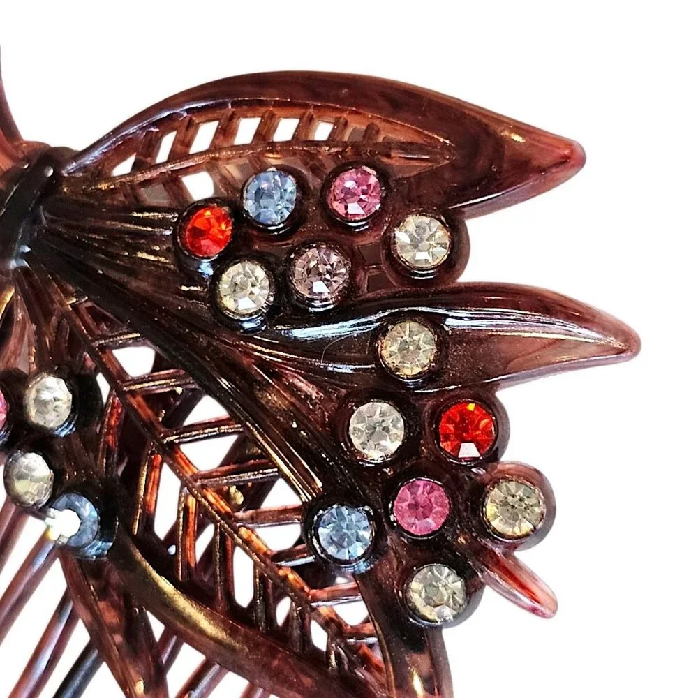 Vintage Tortoiseshell Hair Comb Brooch Jewels Rhinestones Austria Bouquet Leaves